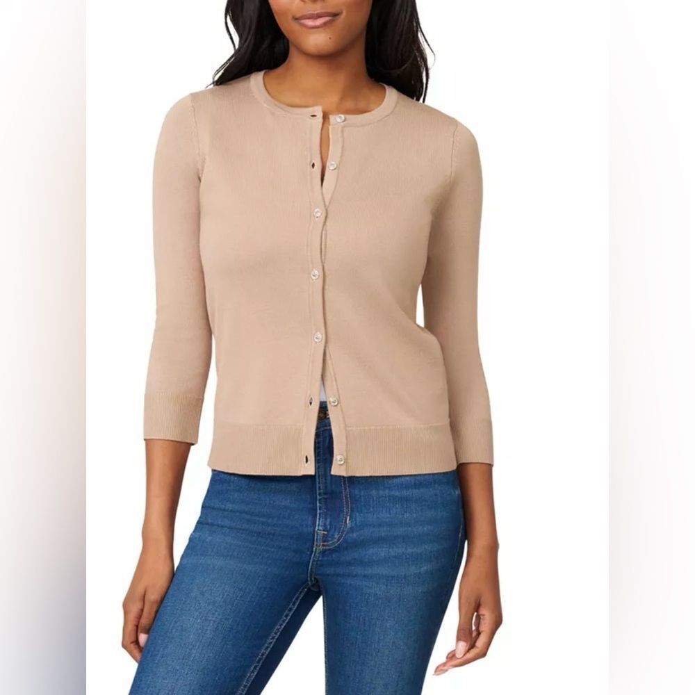 Melissa Paige Crewneck Button-Front Cardigan Tan Small NWT IN PACKAGE